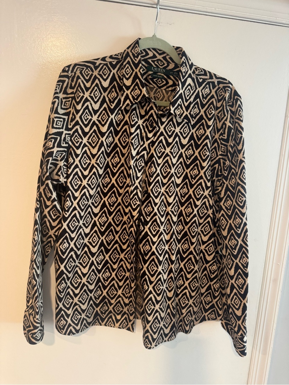 Ralph Lauren Women's Geometric Print Button-Up Shirt Brown Cream Long Sleeve